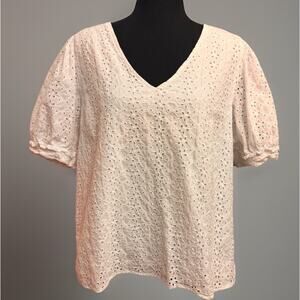 Draper James Eyelet Blouse XL Cottagecore Prairie Coastal Top Puff Sleeve